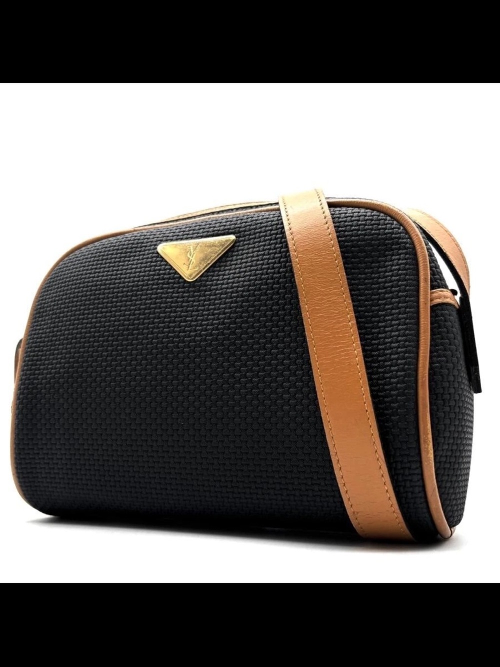 Yves Saint Laurent Black and Tan Crossbody Shoulder Bag with Gold Logo